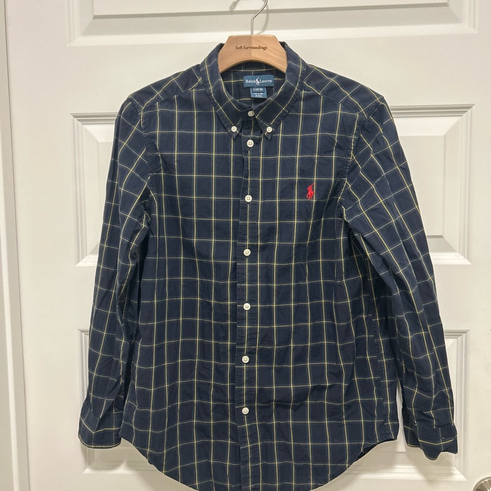 Ralph Lauren Kids Navy and Yellow Checkered Button Down Shirt Cotton Sz L14-16